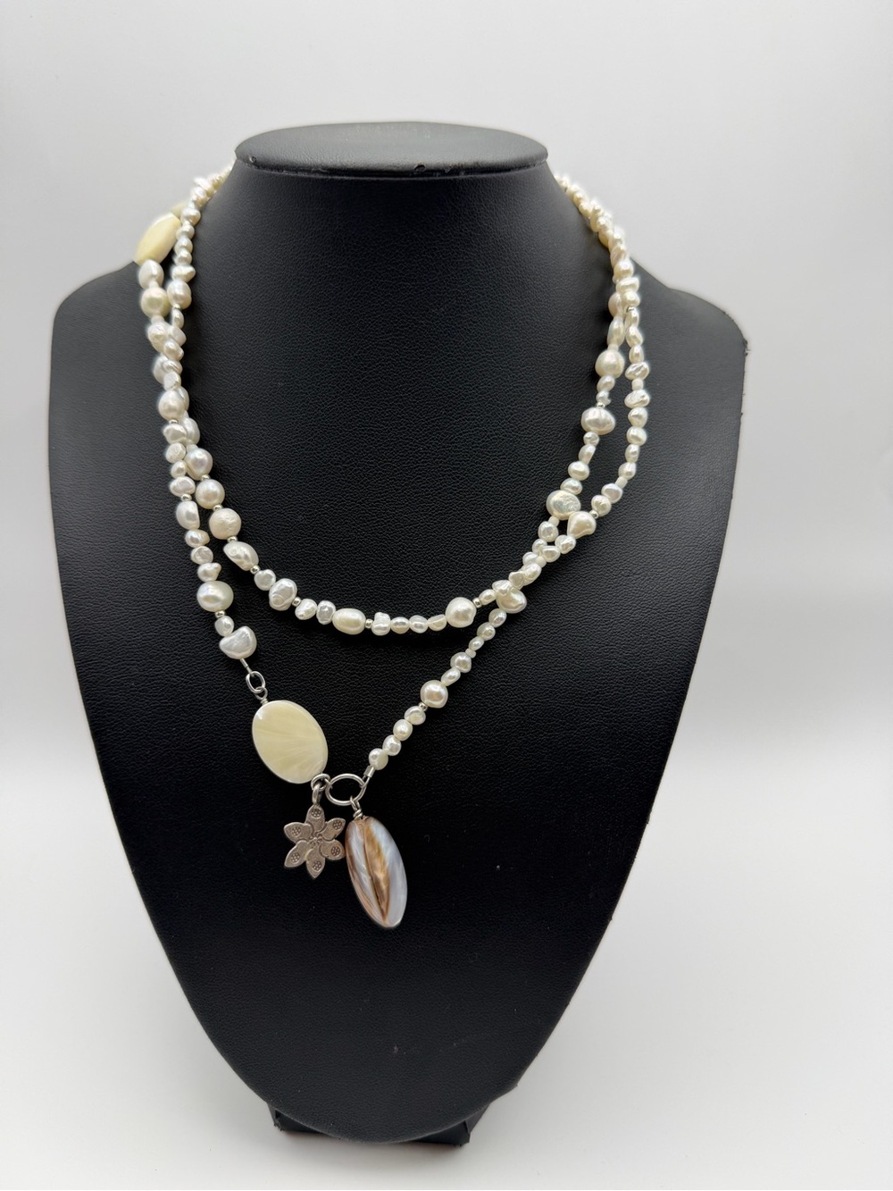 Modern sterling silver Layered Pearl & Shell Pendant Necklace